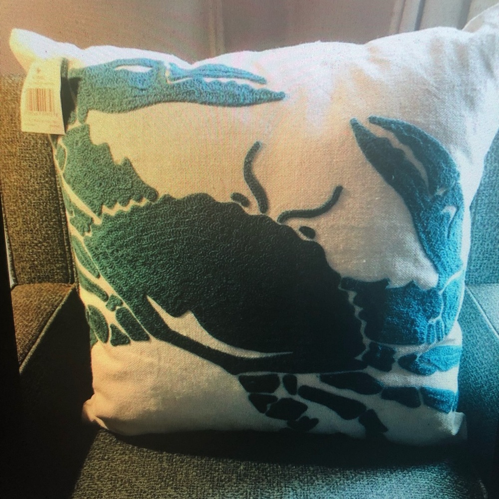 Embroidered Canvas Crab Pillow NWT